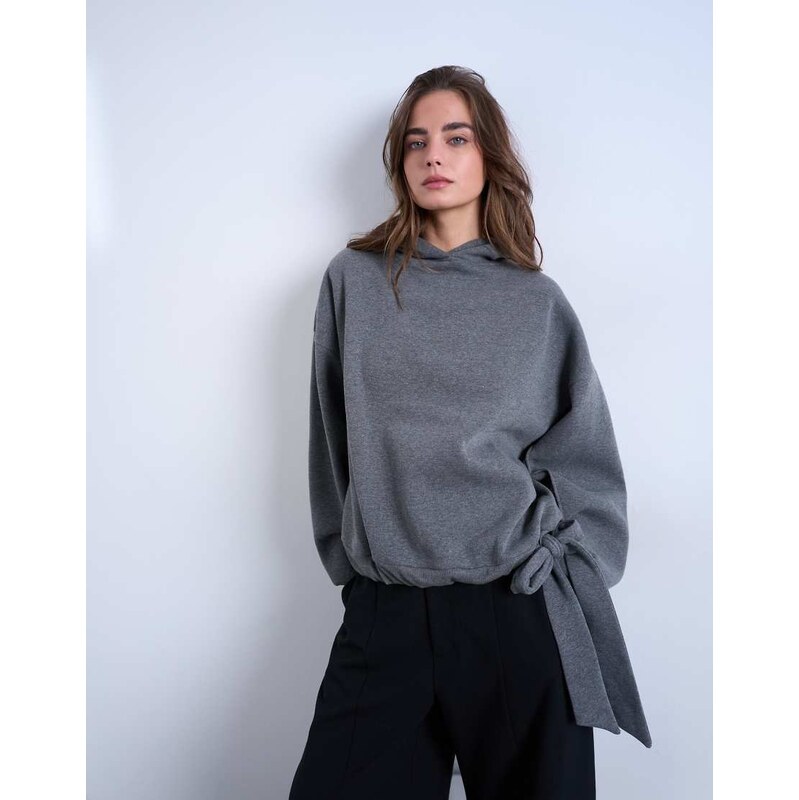 Topshop seam detail tie hem hoodie in charcoal marl-Grey 115520155