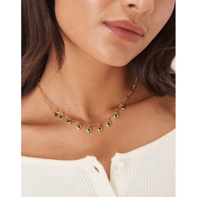 ASOS DESIGN chain necklace with green heart charm detail in gold tone 115515571