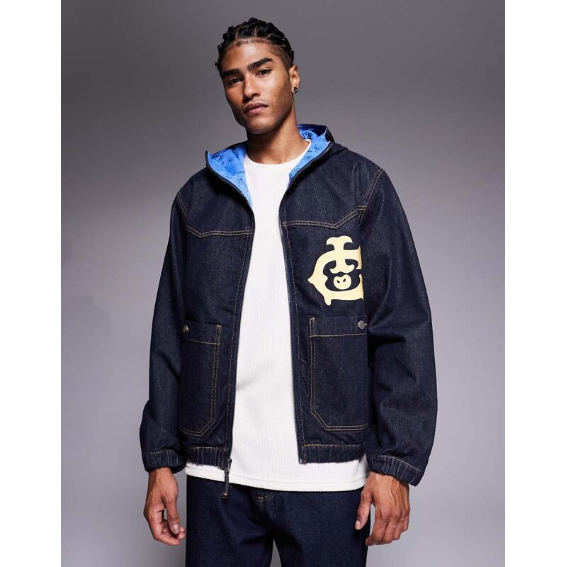 ICECREAM western panelled hooded worker jacket in indigo blue