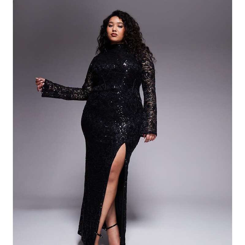 ASOS Curve ASOS DESIGN Curve embellished lace long sleeve maxi dress 110845197