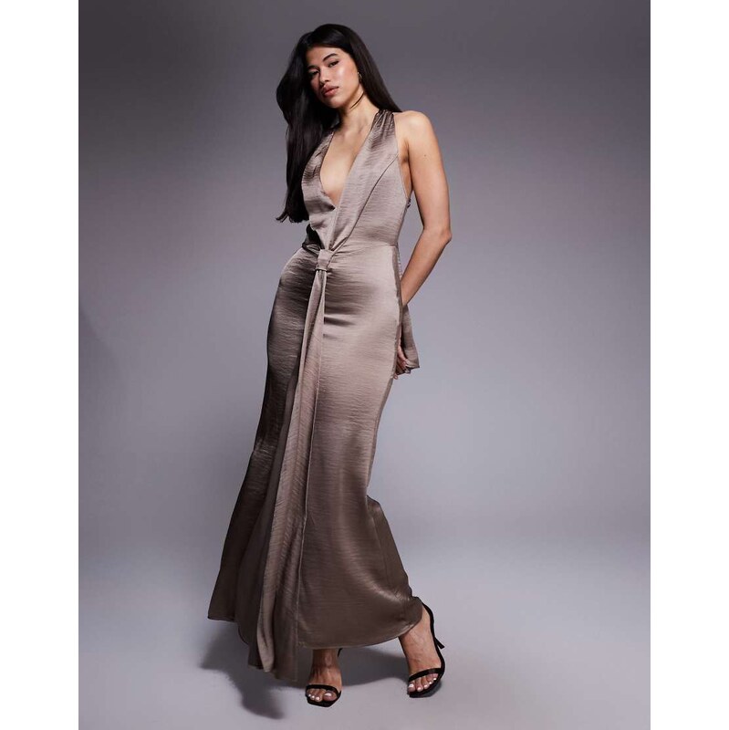 TFNC satin deep v halter neck knot detail drape front maxi dress in 115518571