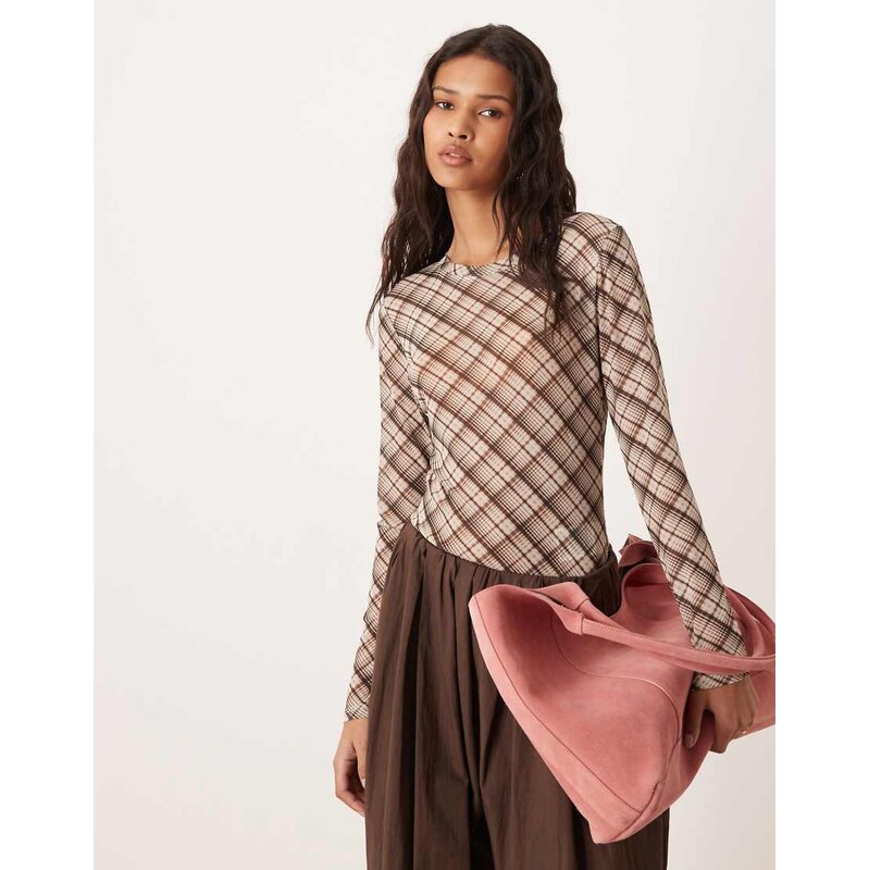 Vila high neck long sleeeve mesh top in brown check-White 110845257