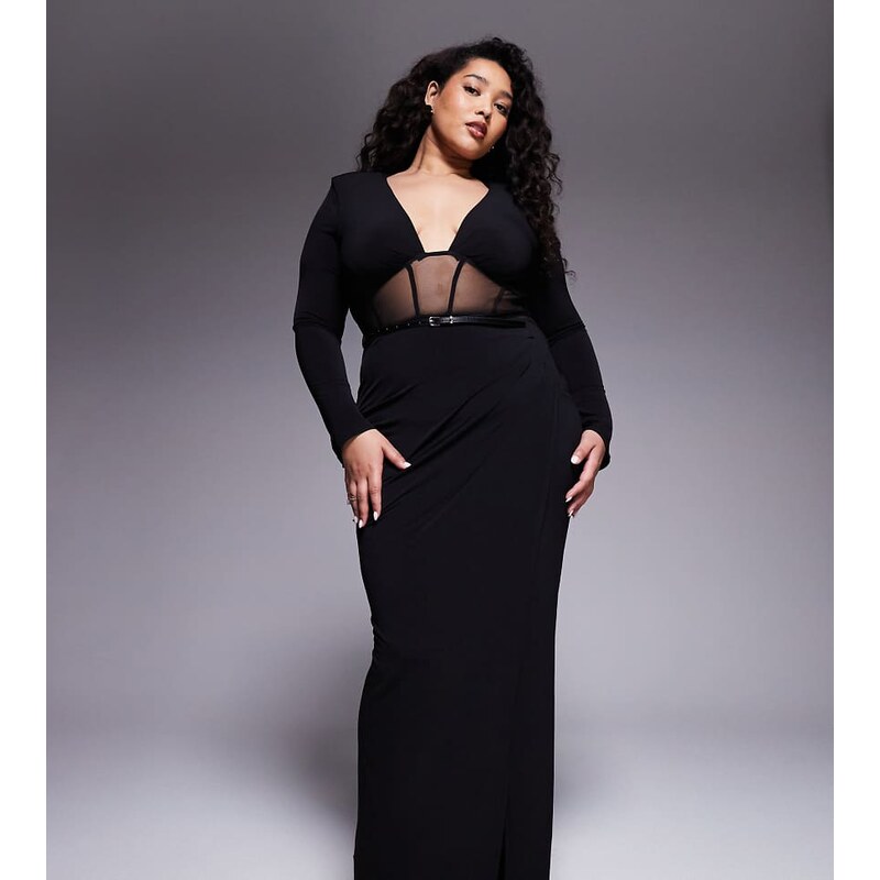 ASOS Curve ASOS DESIGN Curve long sleeve belted maxi dress with mesh 110845272