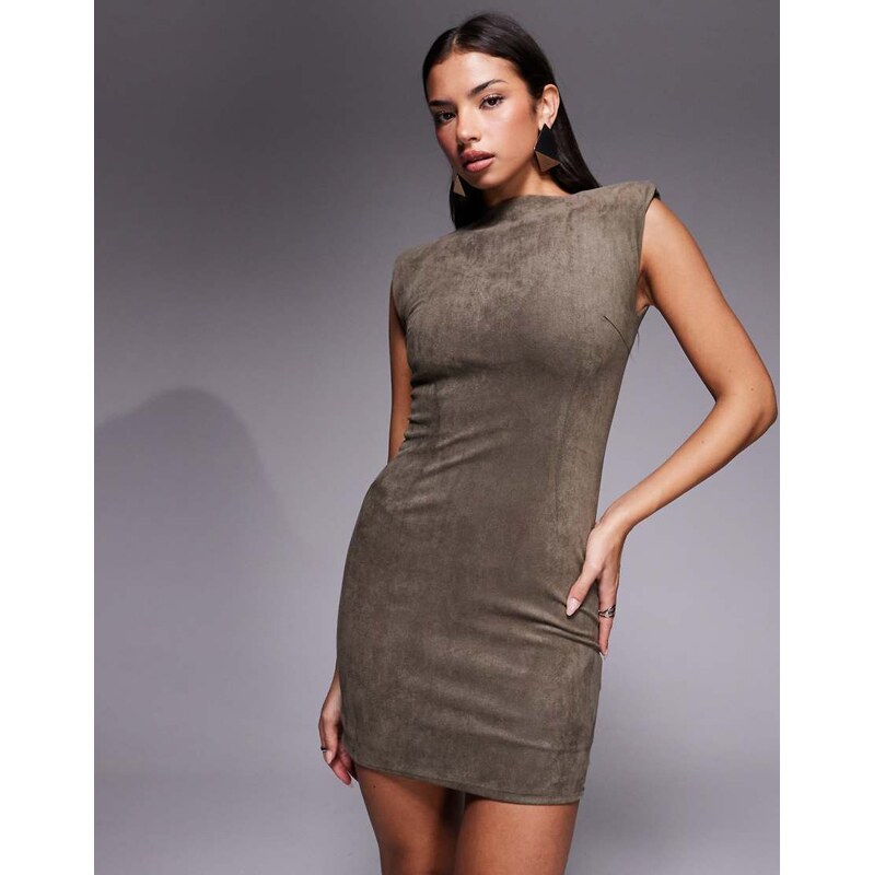 Wanderdoll faux suede padded shoulder fitted bodycon mini dress