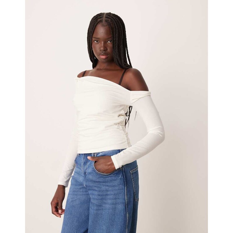 Abercrombie & Fitch asymmetric twist long sleeve top in cream-White 110845303