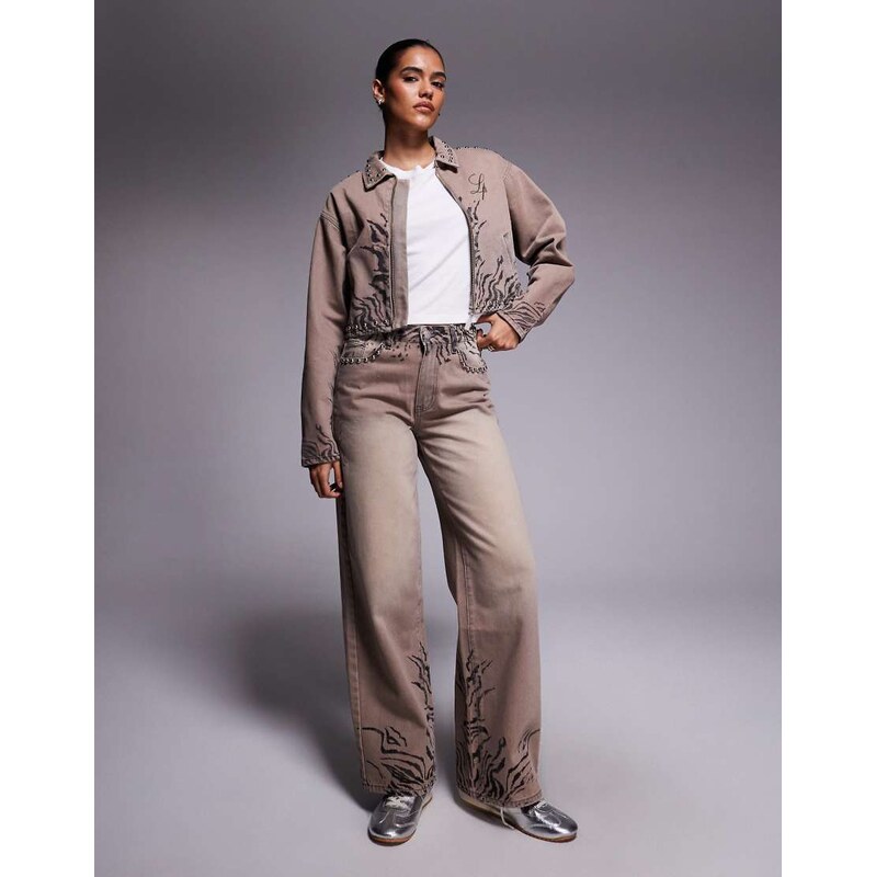 Liquor N Poker baggy fit rip repair jeans co-ord in brown zebra