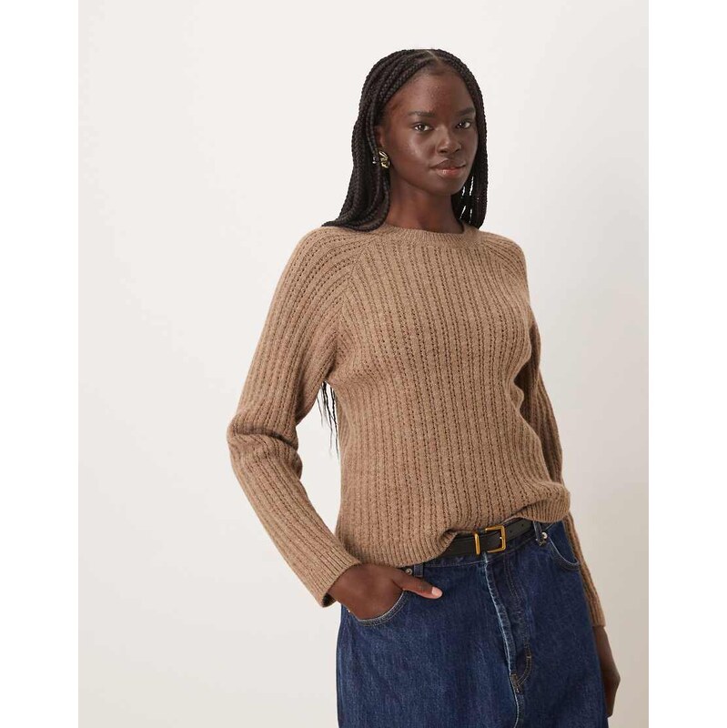 Mango open knit jumper in light brown 110919273