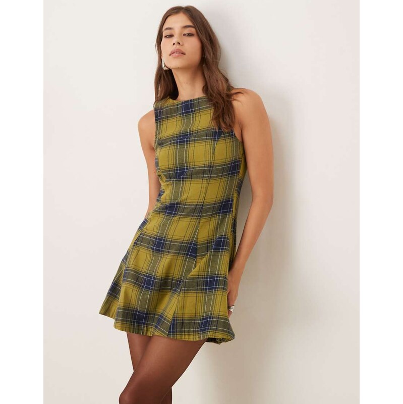ASOS DESIGN sleeveless mini dress with box pleats in green check