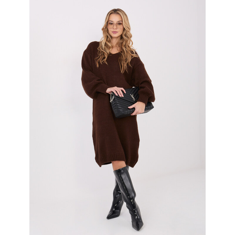 BASIC Tmavě hnědé pletené šaty s výstřihem do V -DARK BROWN Hnědá 111171195