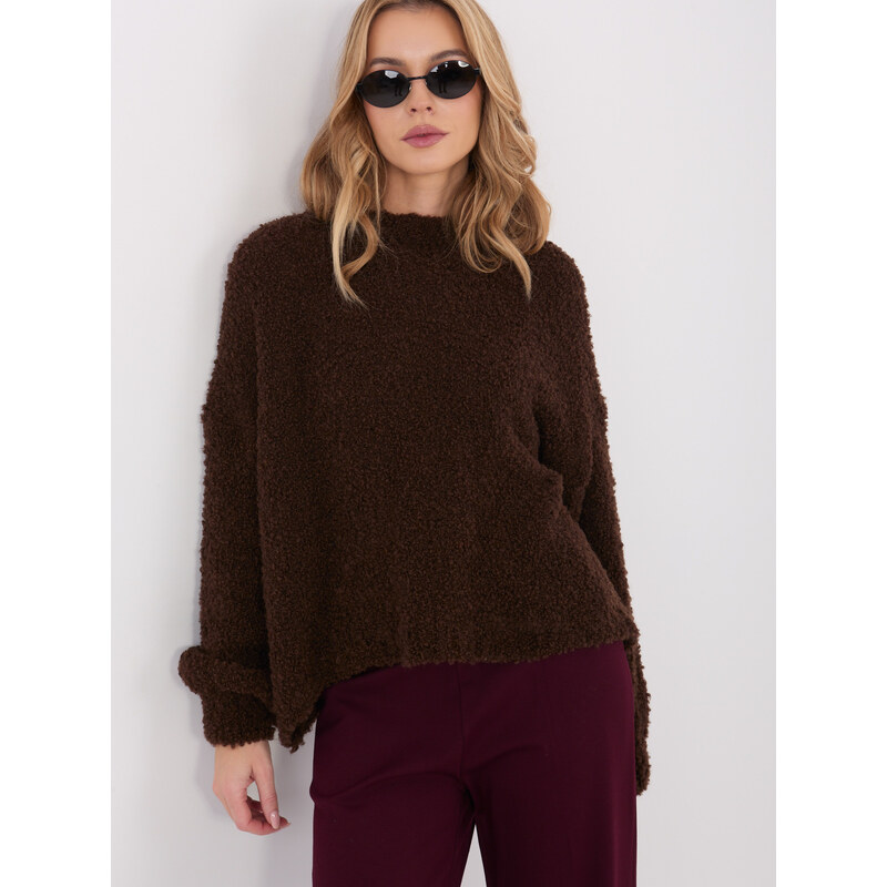 BASIC Tmavě hnědý dámský teplý oversize svetr -dark brown Hnědá 111134351