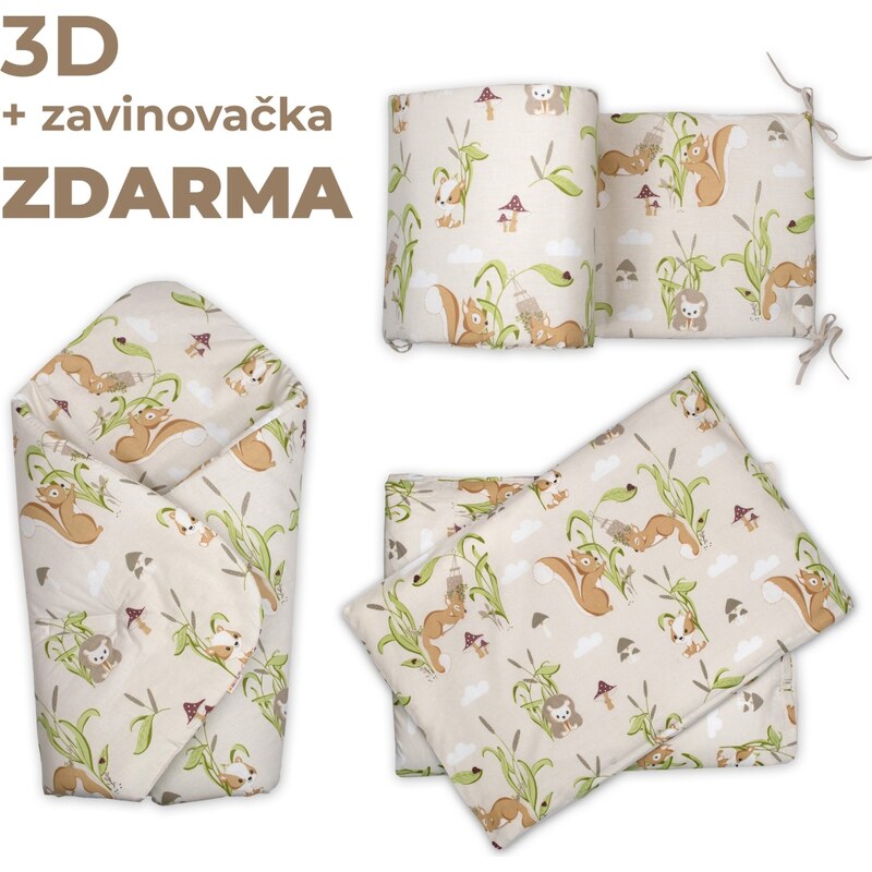 Baby Nellys 3D Mantinel s povlečením + zavinovačka zdarma, Veverky, 110849653