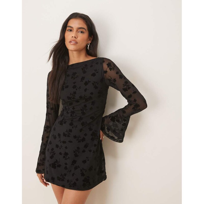 ASOS DESIGN flocked floral mini dress with flute sleeve in black