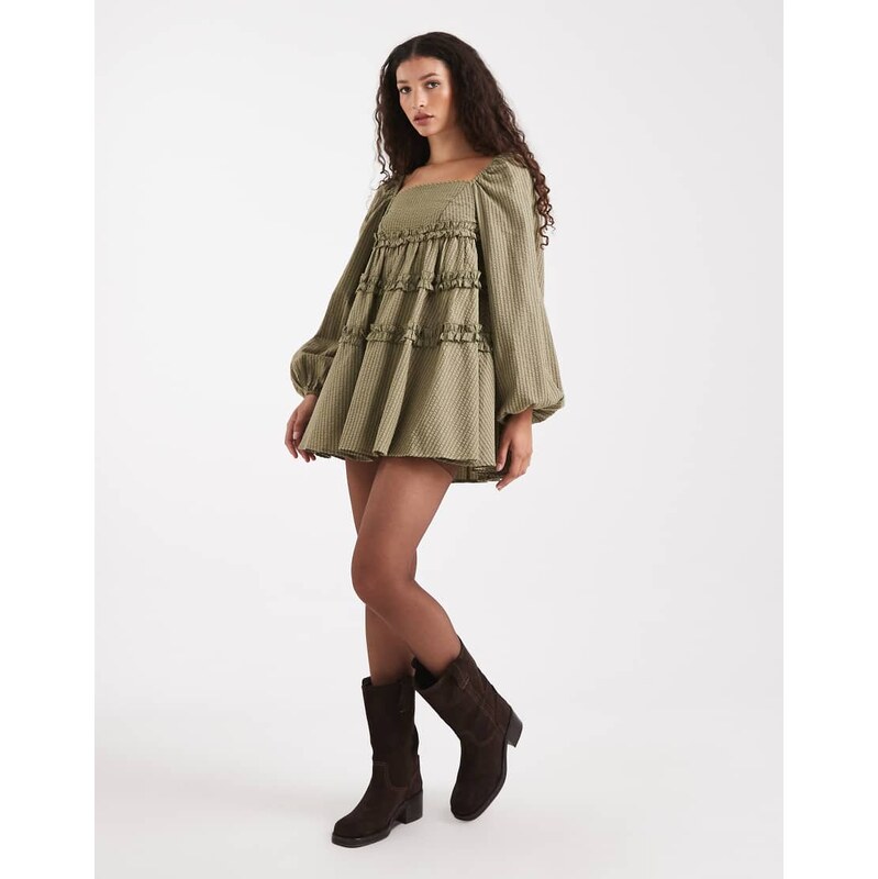 Daisy Street volume tiered long sleeve mini dress in green stripe 111138664