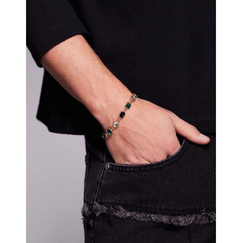 ASOS DESIGN emerald black and crystal stone set bracelet in gold