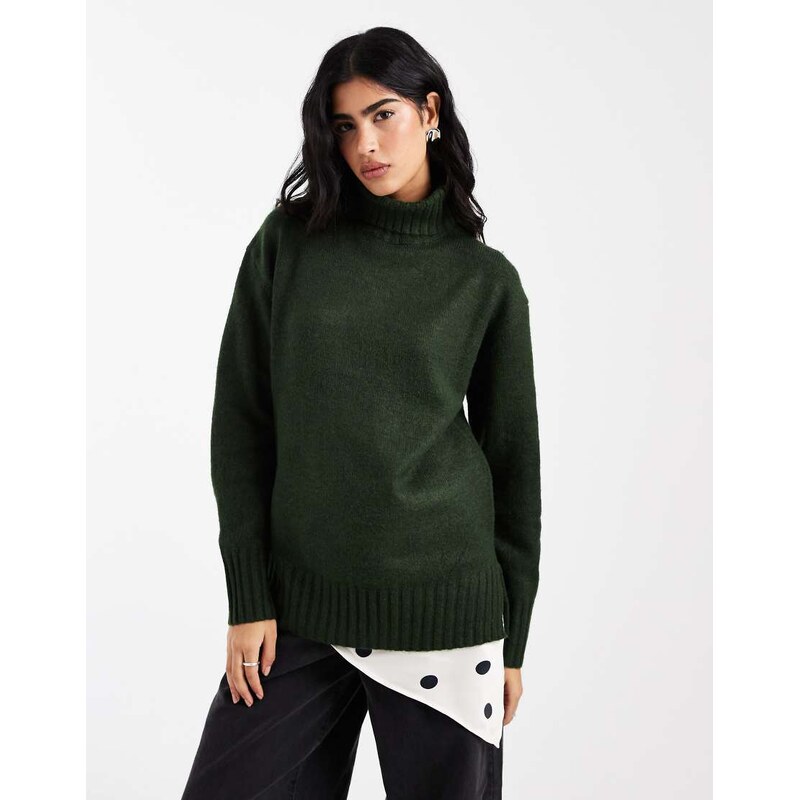 Threadbare chunky knit roll neck jumper in khaki-Green 113327428