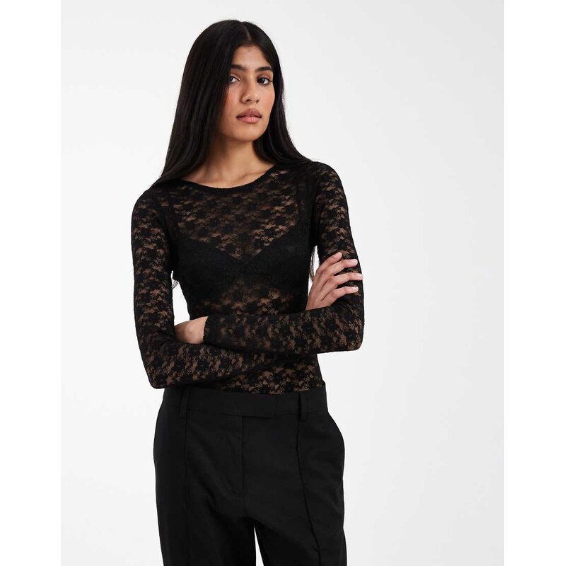 ASOS DESIGN lace sheer long sleeve bodysuit in black
