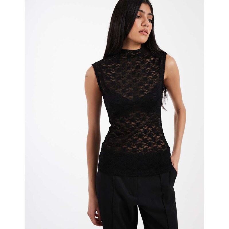 ASOS DESIGN lace sheer longline tank top in black