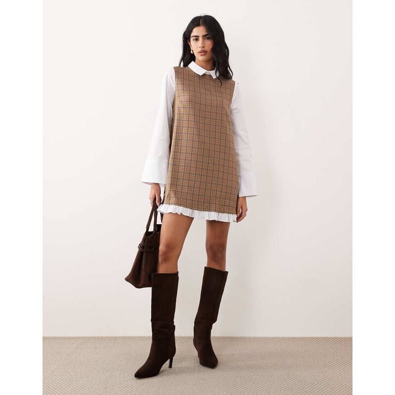 ASOS DESIGN mini shirt dress in check print with contrast frill