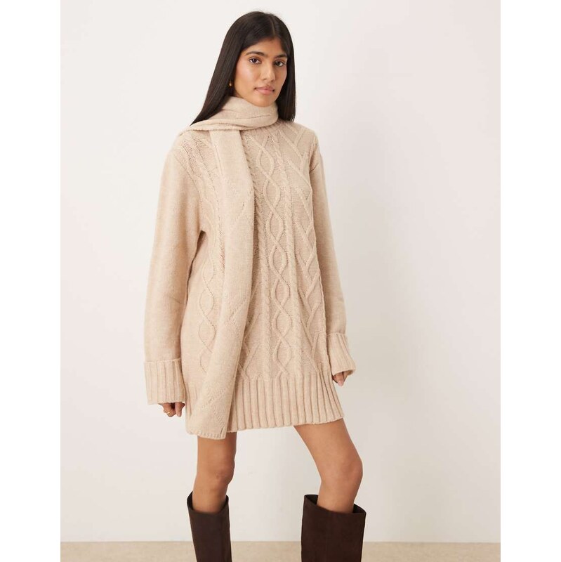 Pretty Lavish scarf neck cable knit mini jumper dress in neutral 110922847