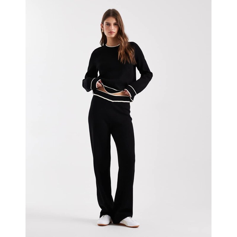 Vero Moda knitted trouser co-ord with cream contrast piping in black 110922880