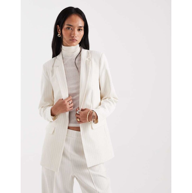Pieces tailored oversized blazer co-ord in birch cream pinstripe-White 115517512