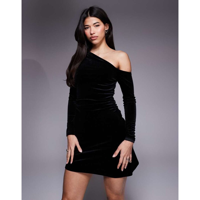 ASOS DESIGN velvet fallen shoulder mini dress in black-Red