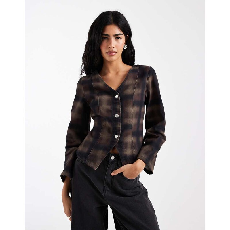 ASOS DESIGN v neck denim top in check print-Multi
