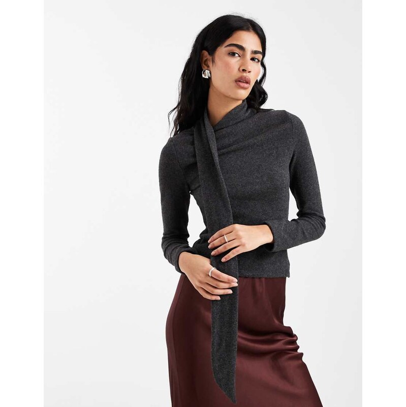 ASOS DESIGN super soft scarf detail long sleeve top in grey