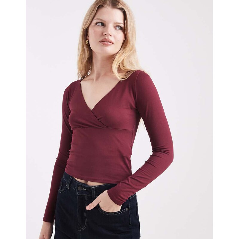 Hollister long sleeve seamless wrap top in burgundy-Red