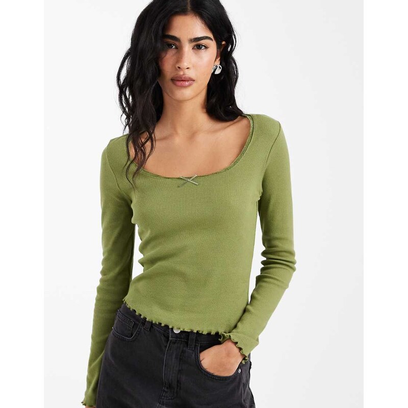 Miss Selfridge rib square neck top in olive-Green