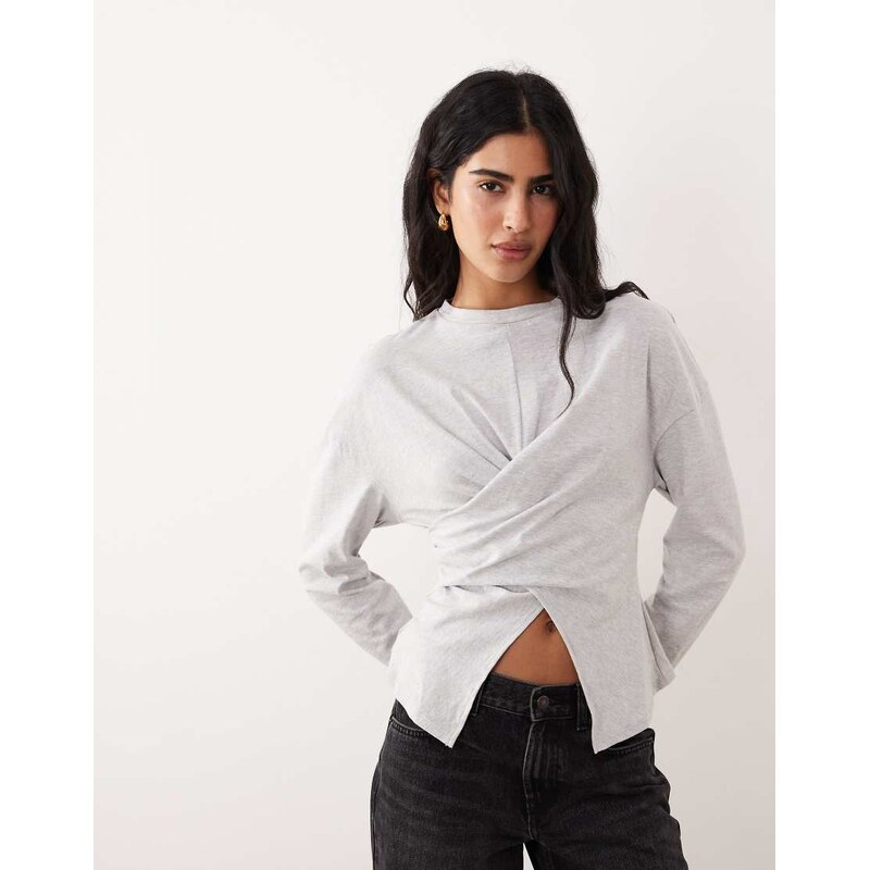 ASOS DESIGN long sleeve wrap t-shirt in grey marl