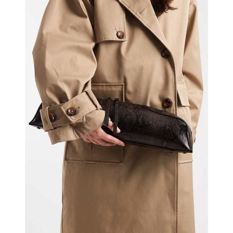 ASOS DESIGN textured pencil case clutch bag in chocolate snake