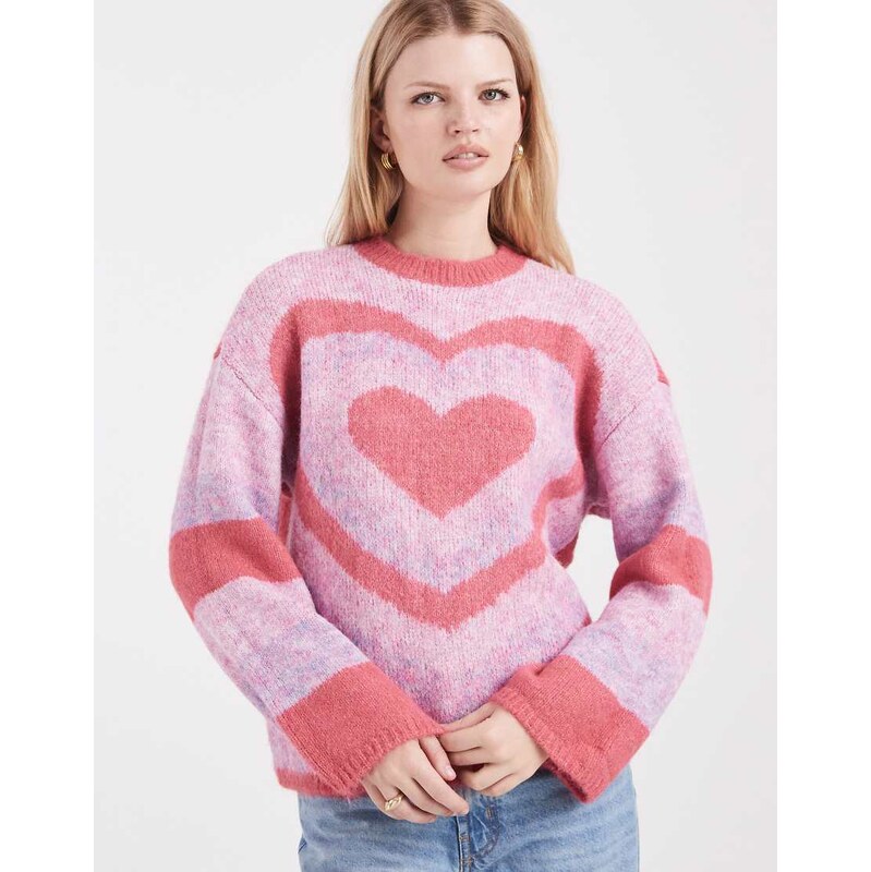 Pieces oversized love heart print jumper in pink 115516029