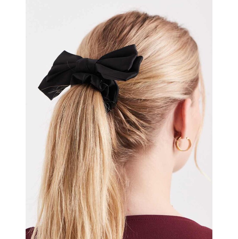 Pieces satin bow scrunchie in black 110923855