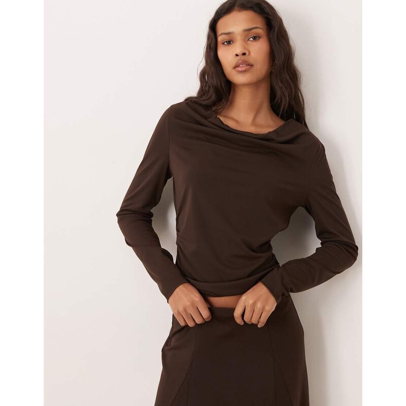Mango Odette jersey long sleeve drape neck top co-ord in brown