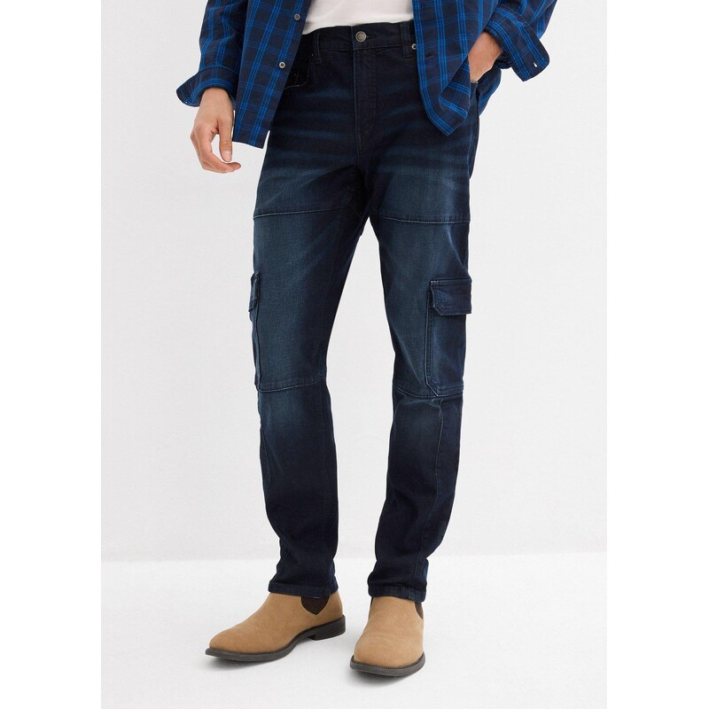 bonprix Strečové cargo džíny Slim Fit, Straight modrá Muž