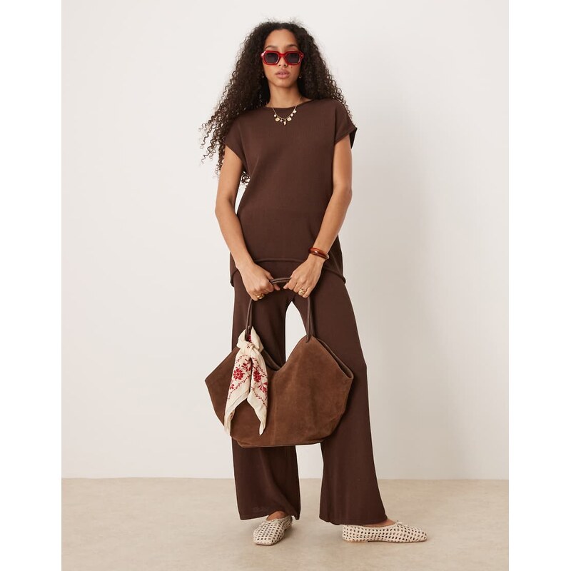 ASOS DESIGN knitted slub t shirt co-ord in chocolate-Brown