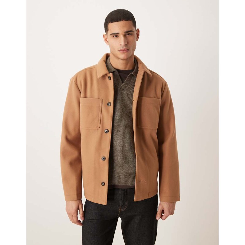 ASOS DESIGN wool look shacket in dark tan-Brown