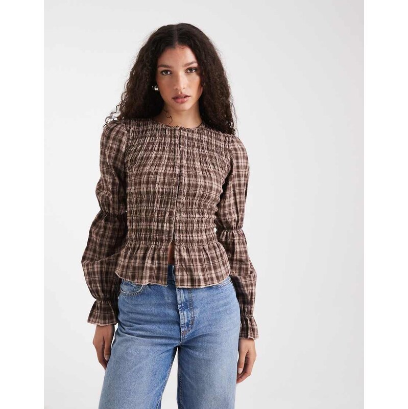 Daisy Street long sleeve shirred check blouse in brown check 111138737