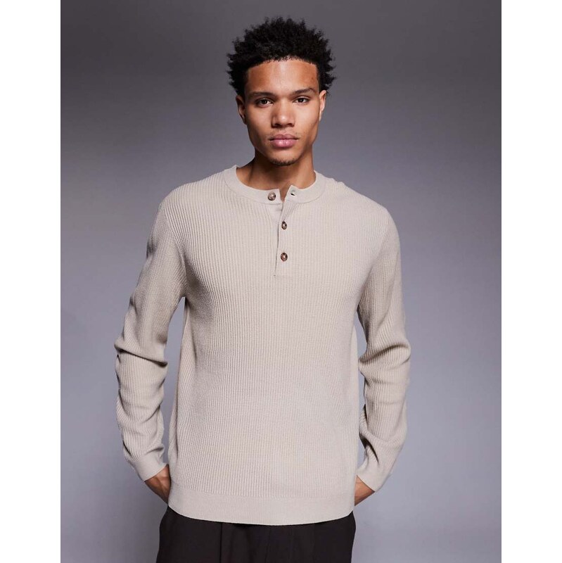 ASOS DESIGN long sleeve knitted rib henley in stone-Neutral