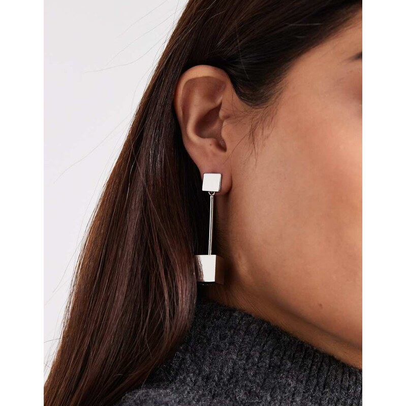 ASOS DESIGN clean 3D cube pendant earrings in silver tone 111029899