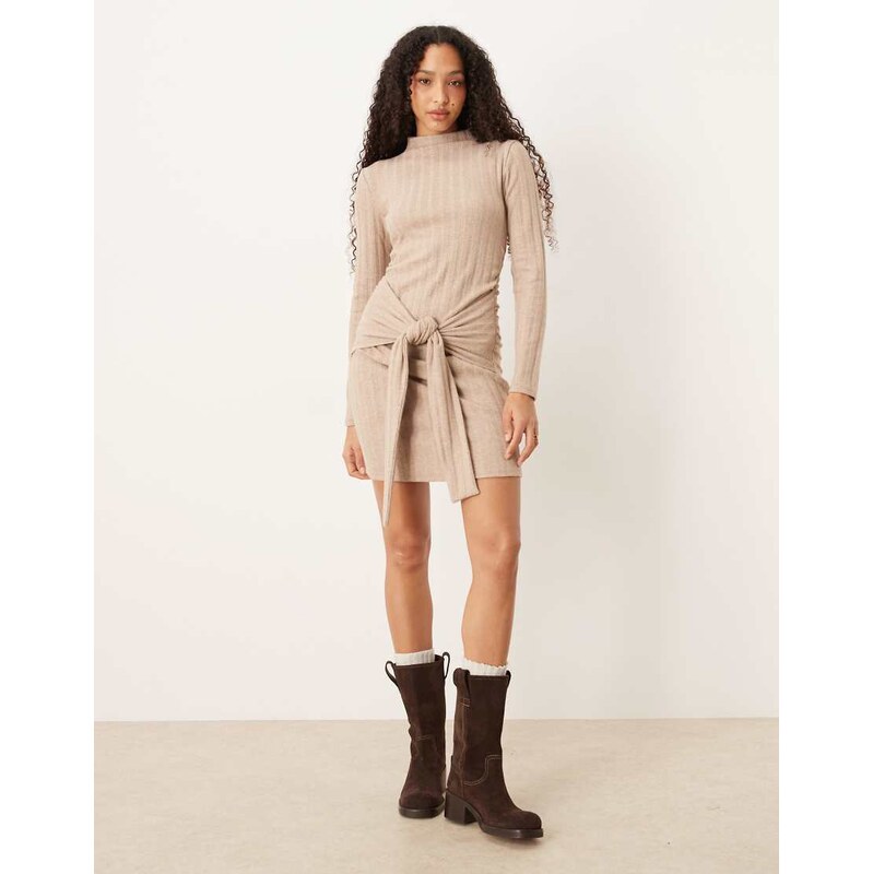 ASOS DESIGN ribbed high neck tie front mini dress in neutral