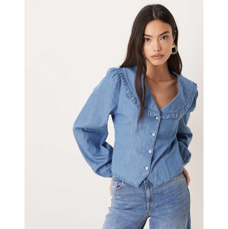 Nobodys Child denim frill oversized collar tie back shirt in
