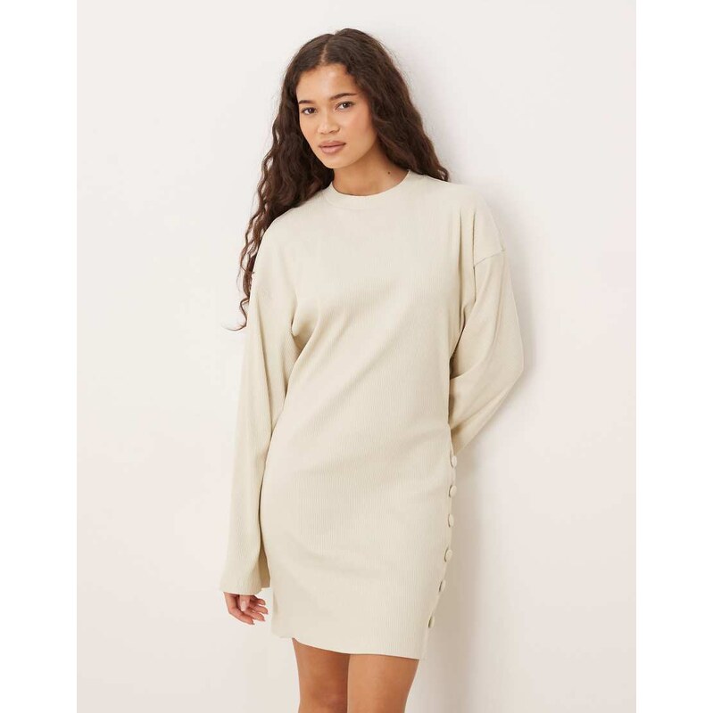 ASOS DESIGN button detail wide rib crew neck mini dress in neutral - BEIGE