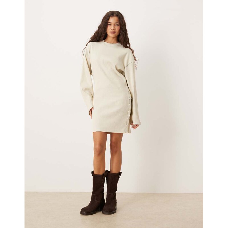 ASOS DESIGN button detail wide rib crew neck mini dress in neutral - BEIGE