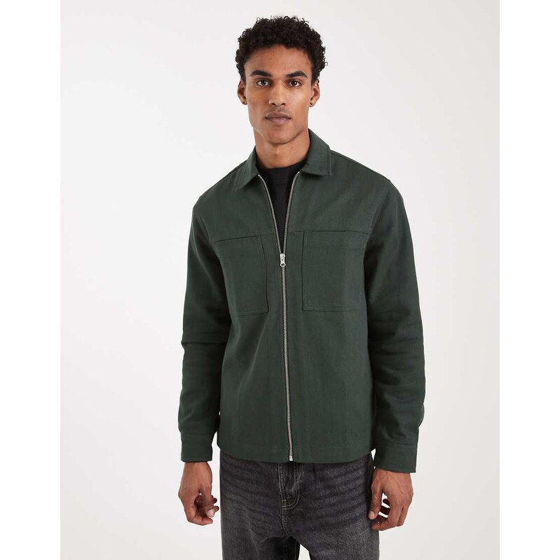 ASOS DESIGN zip through heavyweight twill overshirt in green