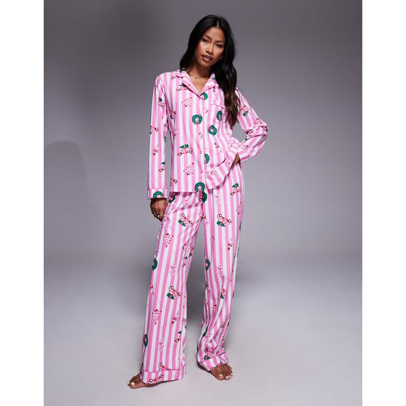 Boux Avenue fleece long sleeve & trouser PJ set in a bag in pink 115514952