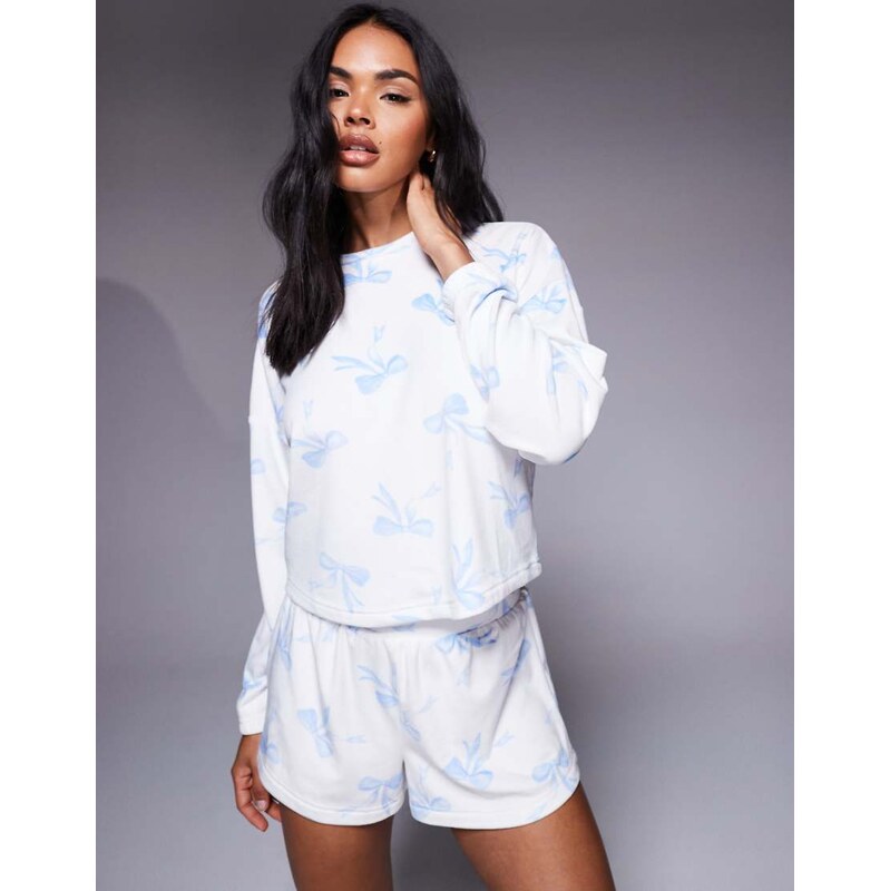 Boux Avenue velour bow print short pyjama set in ivory-White 111071659