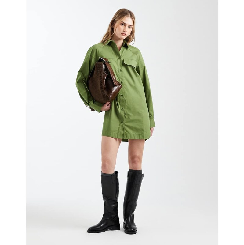ASOS DESIGN long sleeve mini shirt dress with front pockets in olive-Orange