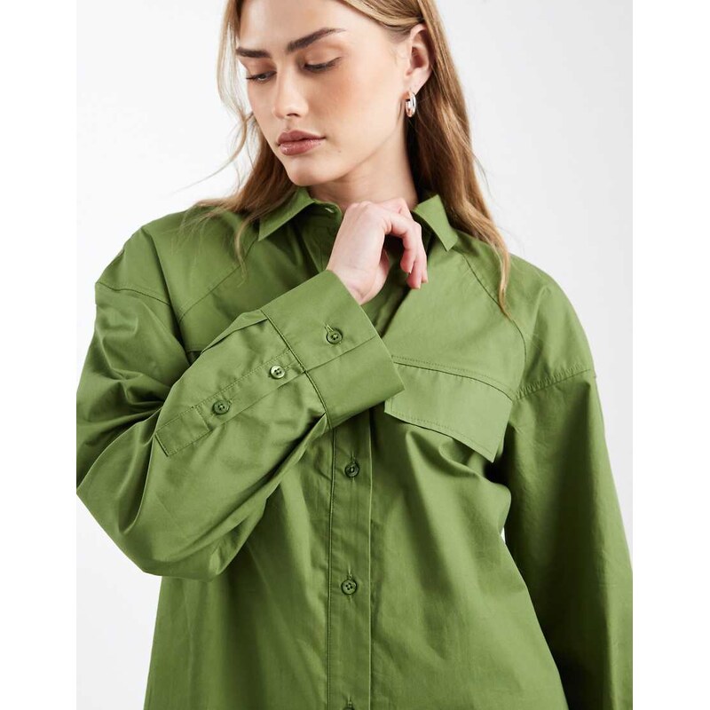 ASOS DESIGN long sleeve mini shirt dress with front pockets in olive-Orange
